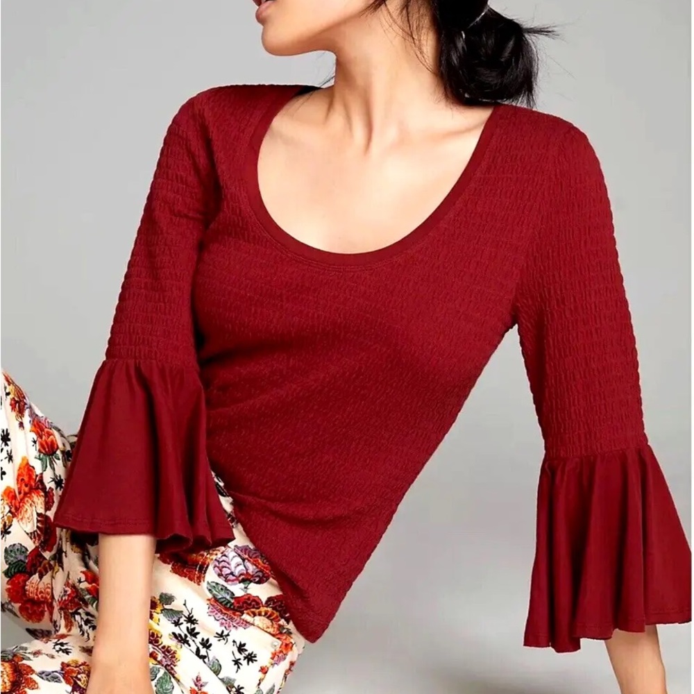 Anthropologie Smocked Ruffle Bell Sleeve Top in Wine